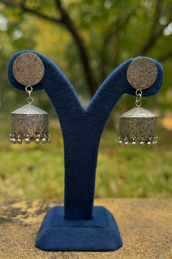 Floral Engraved Oxidized Jhumka Earrings – Amyraa Jewels