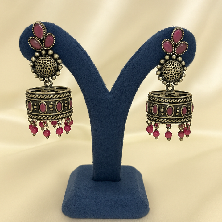 Pink Stone Oxidized Jhumka Earrings – Amyraa Jewels