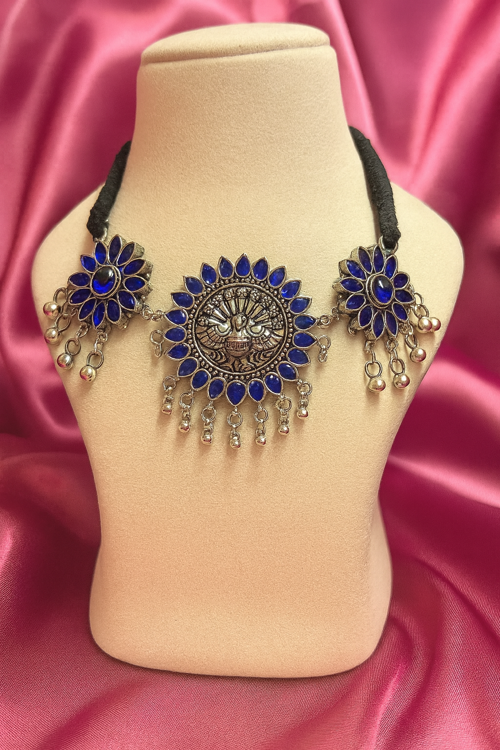 Oxidized Silver Peacock Necklace with Royal Blue Accents