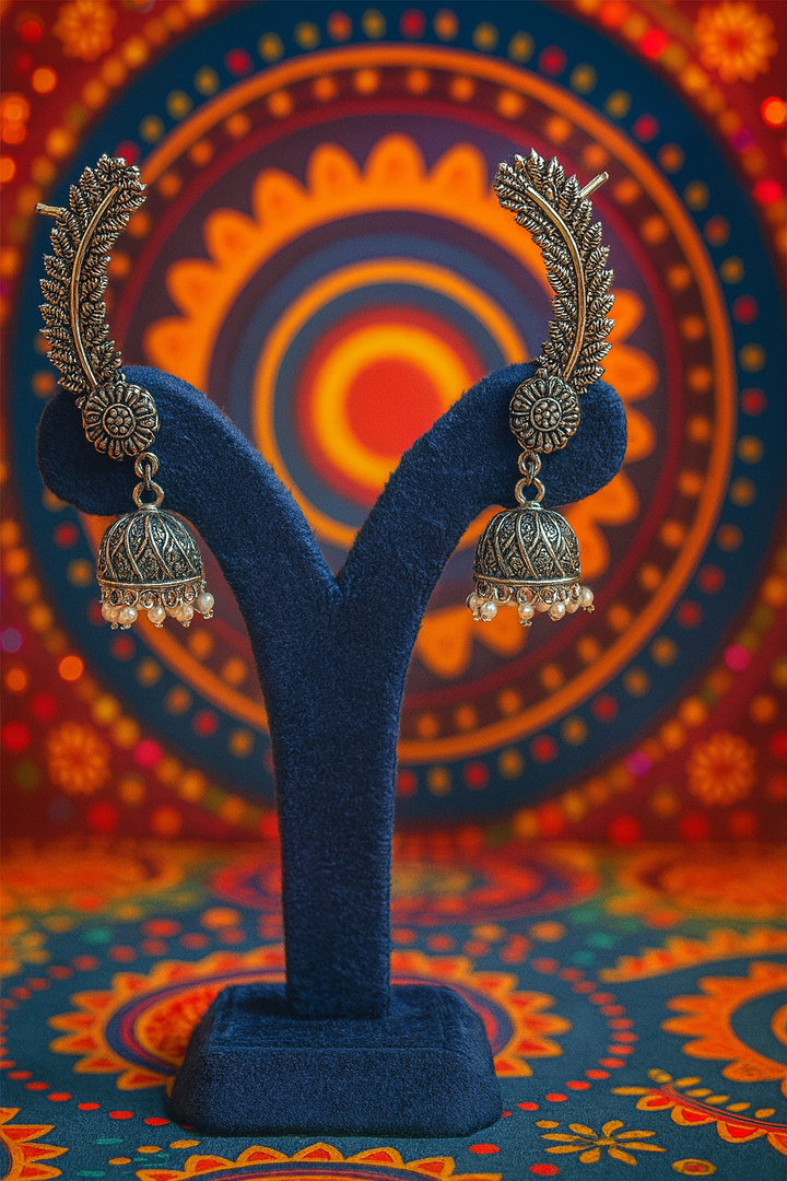 Antique Silver Jhumka Earrings with Leaf Motif