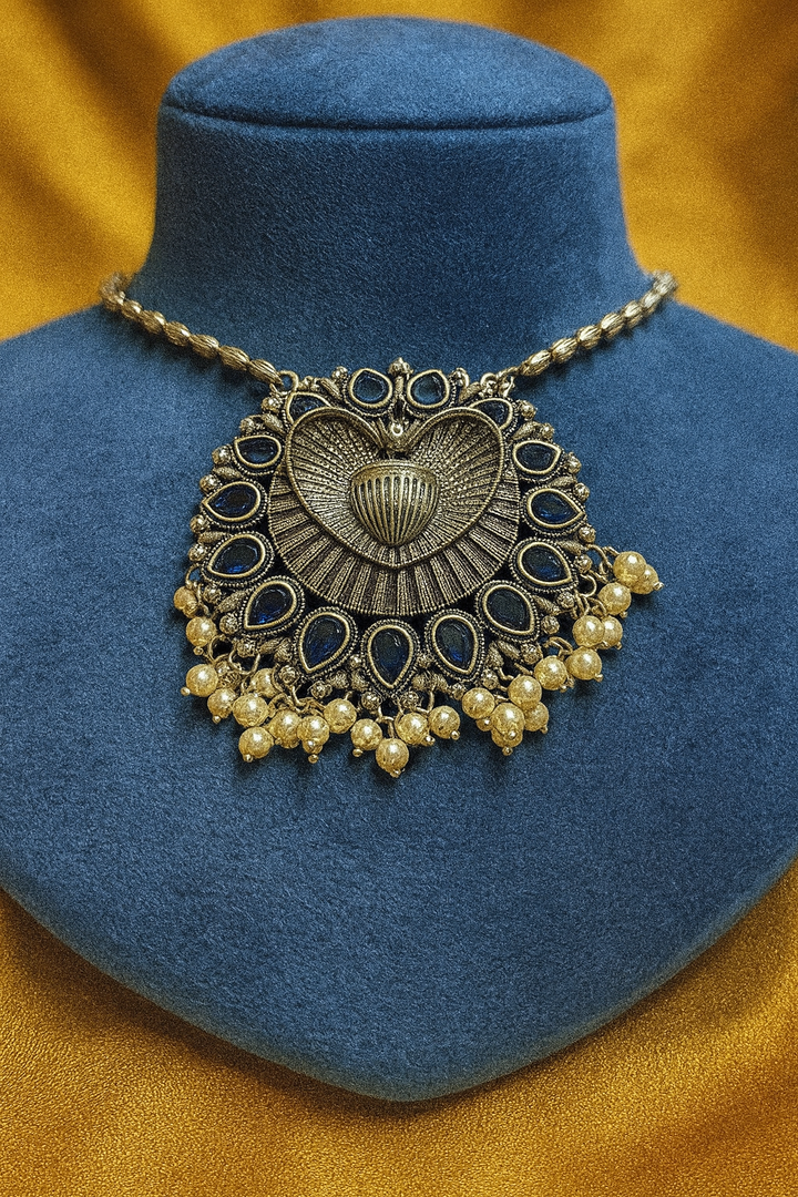 Regal Golden Statement Necklace with Blue Enamel and Pearls