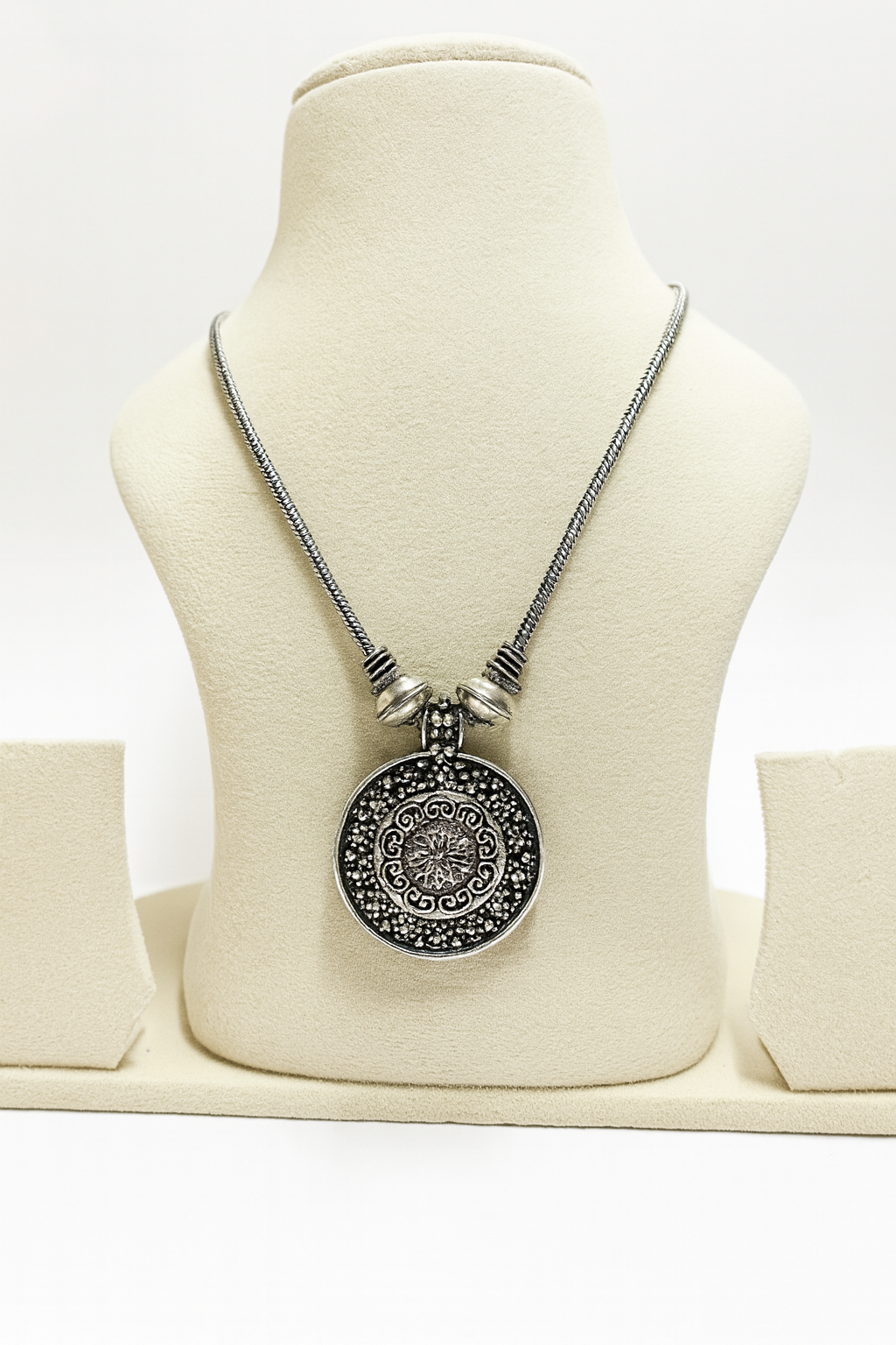 Oxidized Silver Circular Pendant Necklace