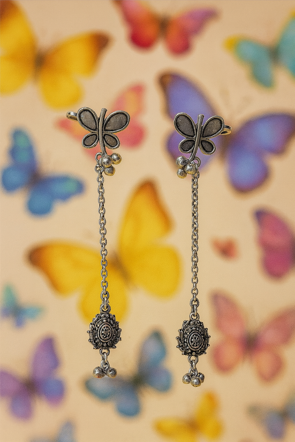 Butterfly Motif Silver Drop Earrings