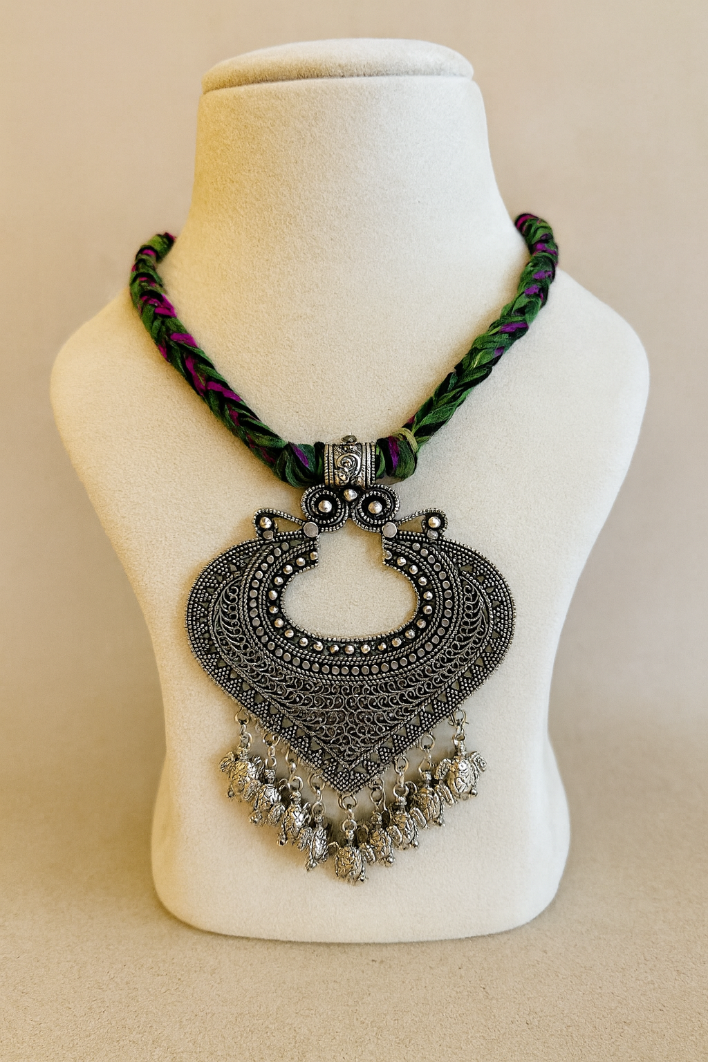 Tribal Oxidized Silver Statement Necklace with Colorful Thread Work