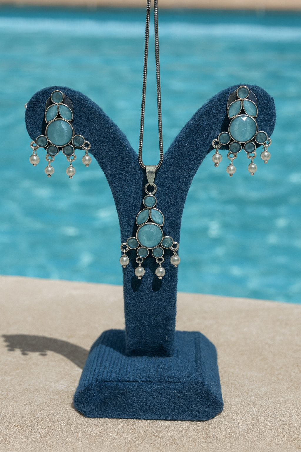 Aqua Stone Silver Pendant &amp; Earrings Set with Pearl Drops