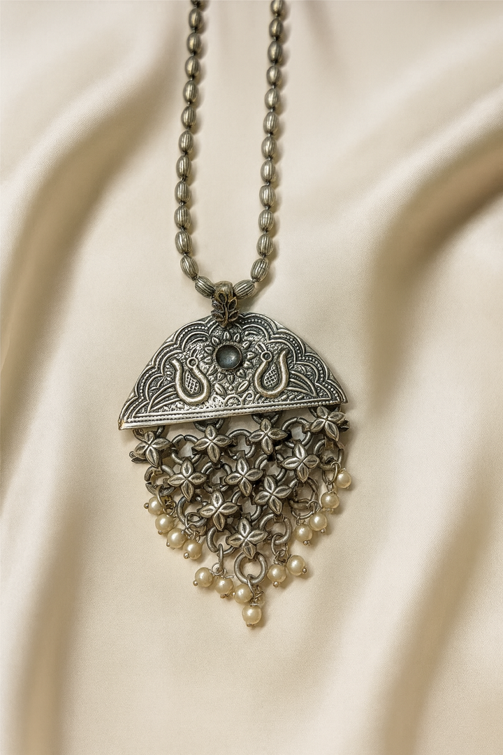 Antique Silver Temple Necklace with Floral Dangles