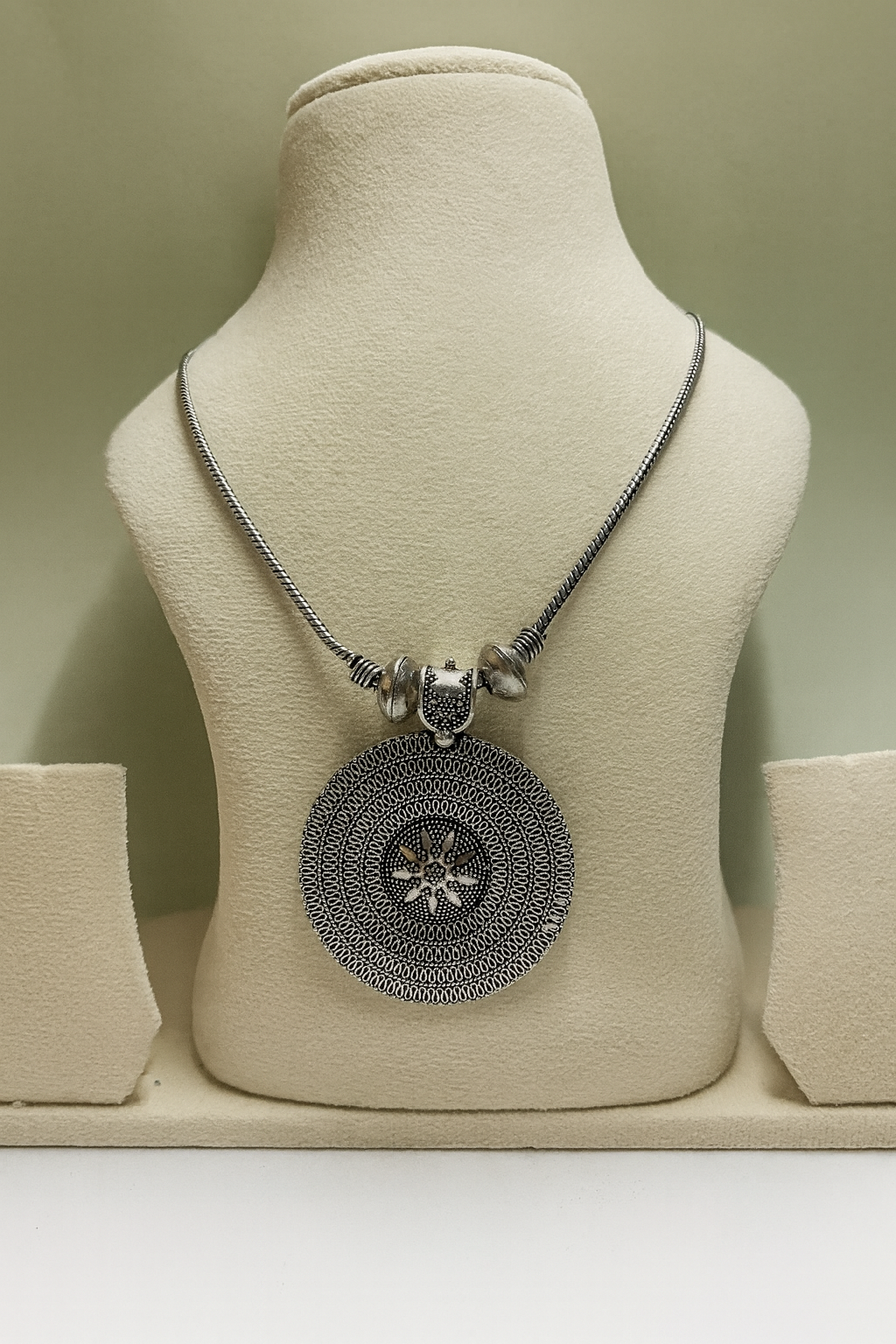 Oxidized Silver Circular Pendant Necklace