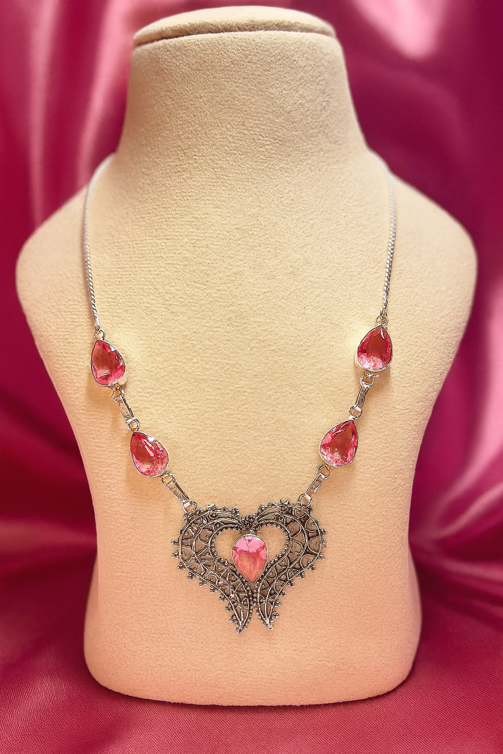 Pink Stone Heart Motif Silver Necklace