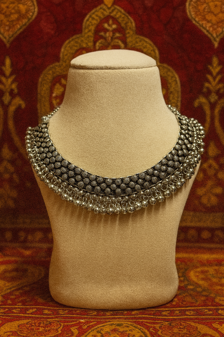 Oxidized Silver Beaded Choker Necklace