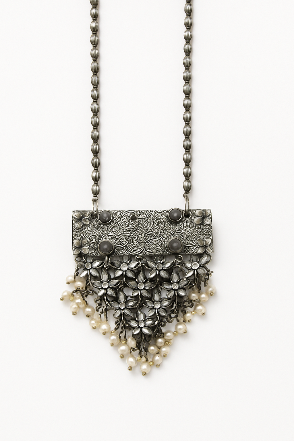 Floral Filigree Silver Necklace with Pearl Drops