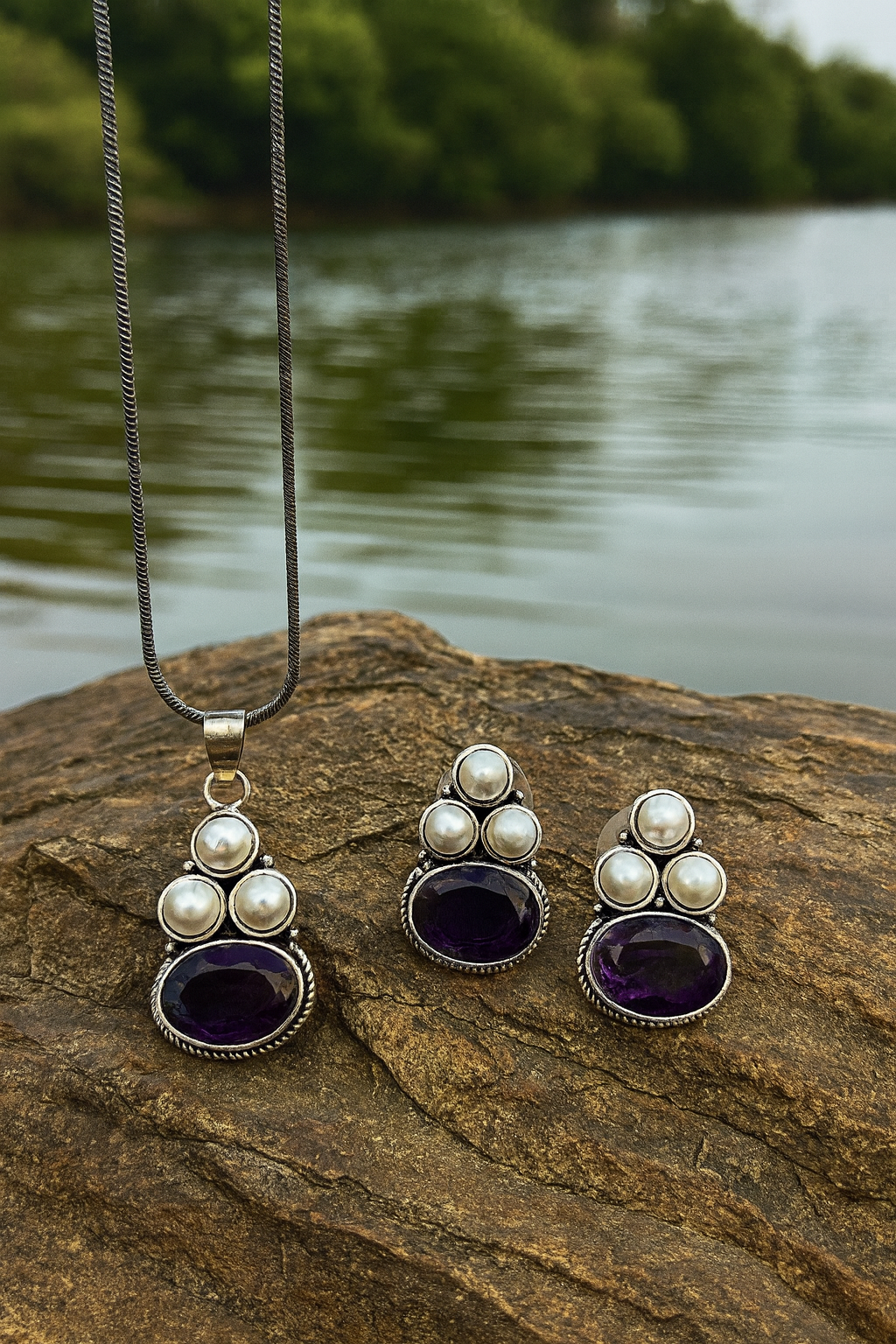 Aqua Stone Silver Pendant &amp; Earrings Set with Pearl Drops