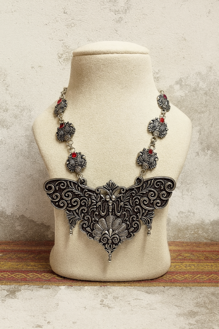 Royal Oxidized Silver Statement Necklace with Red Accents