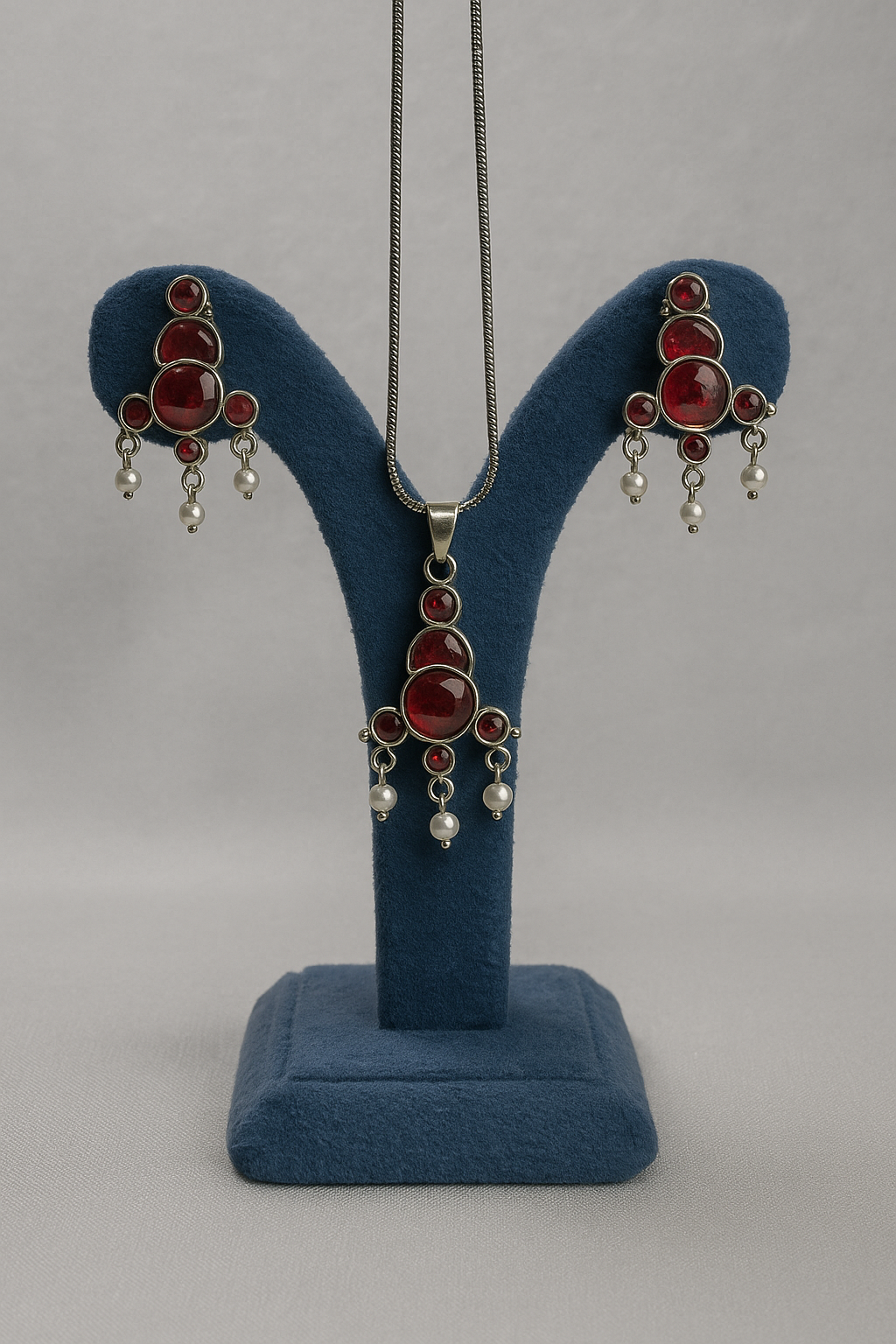 Aqua Stone Silver Pendant &amp; Earrings Set with Pearl Drops