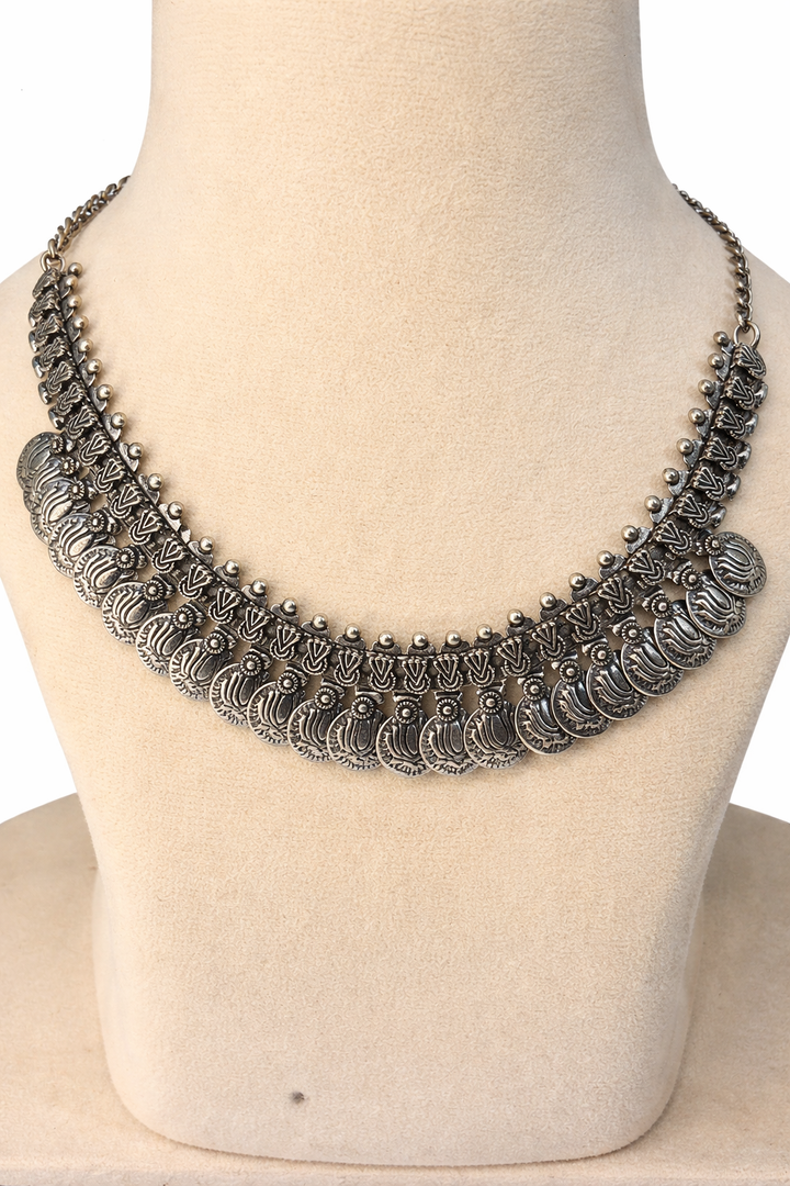 Antique Silver Collar Necklace with Layered Leaf Motifs