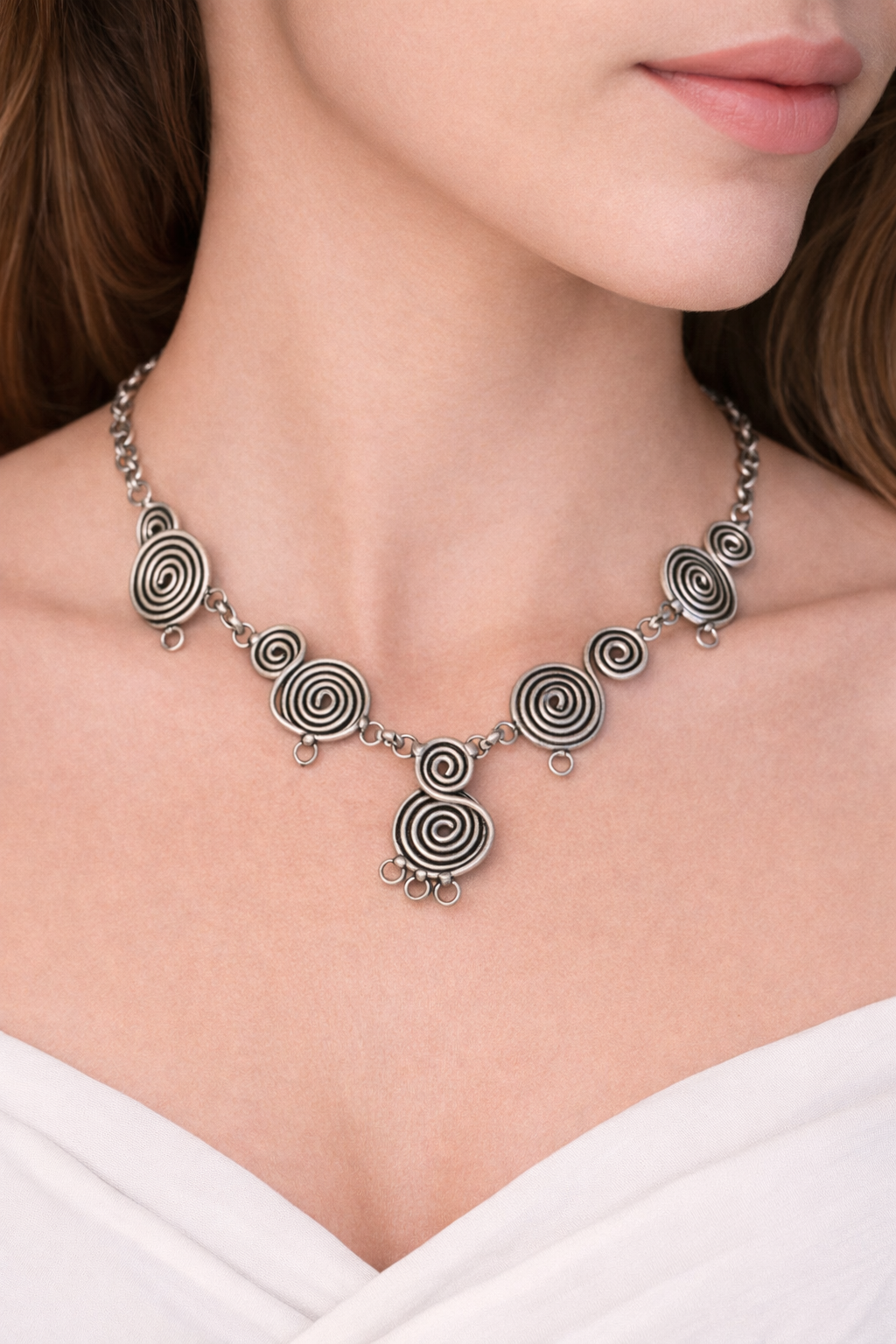 Oxidized Silver Spiral Necklace