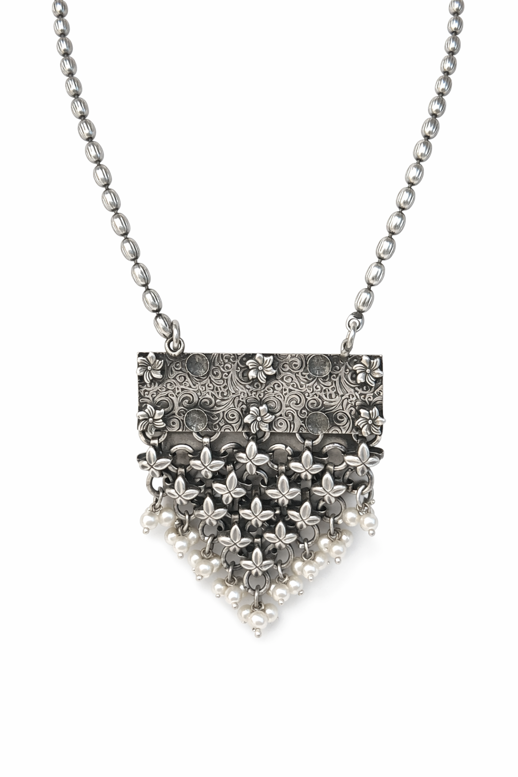 Floral Filigree Silver Necklace with Pearl Drops