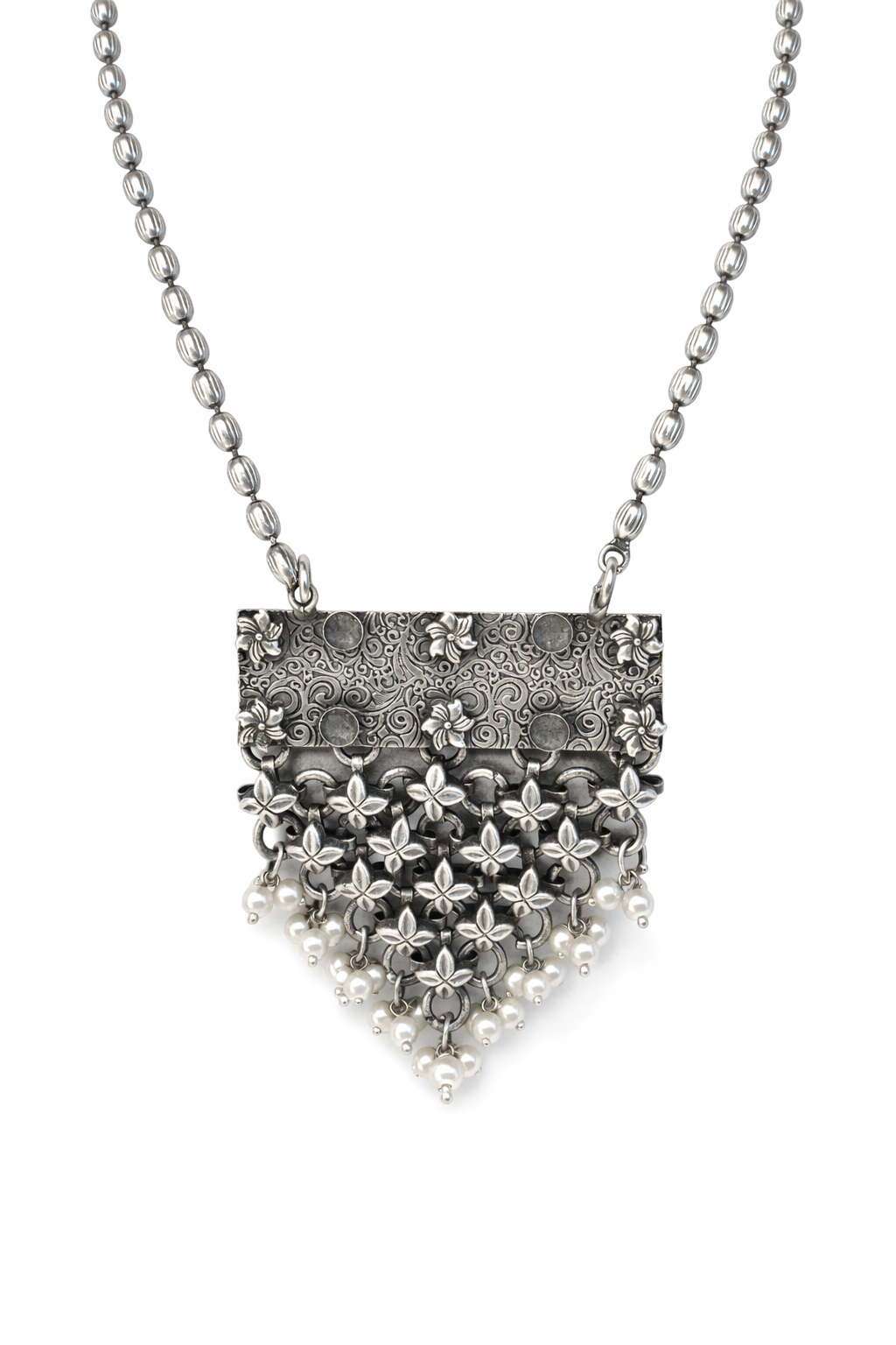 Floral Filigree Silver Necklace with Pearl Drops