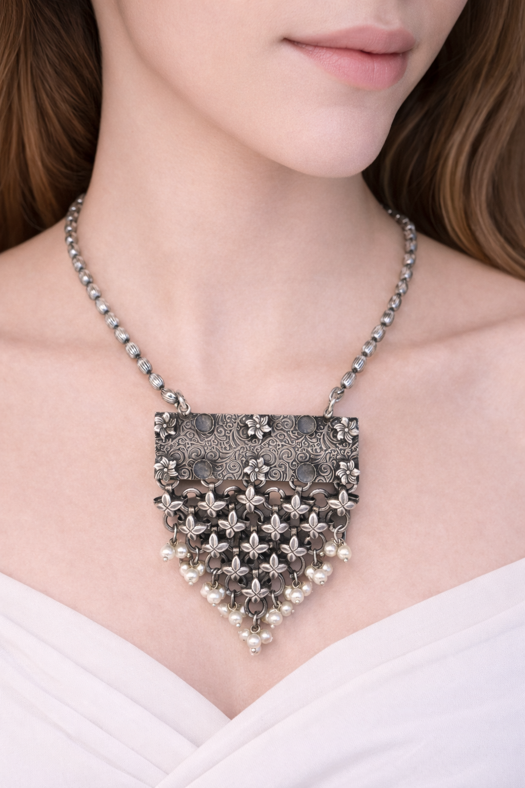 Floral Filigree Silver Necklace with Pearl Drops