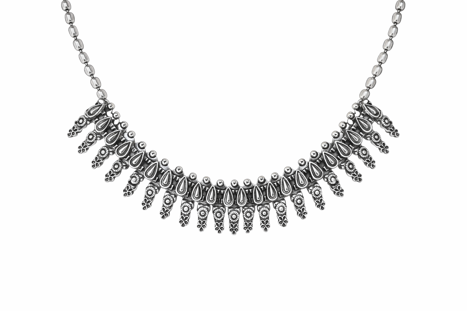 Oxidized Silver Choker Necklace with Teardrop Motifs