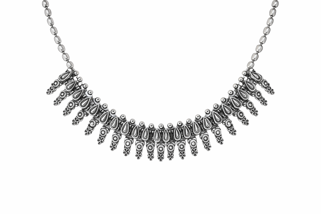 Oxidized Silver Choker Necklace with Teardrop Motifs