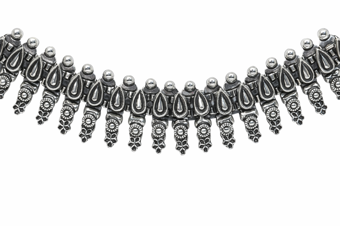 Oxidized Silver Choker Necklace with Teardrop Motifs