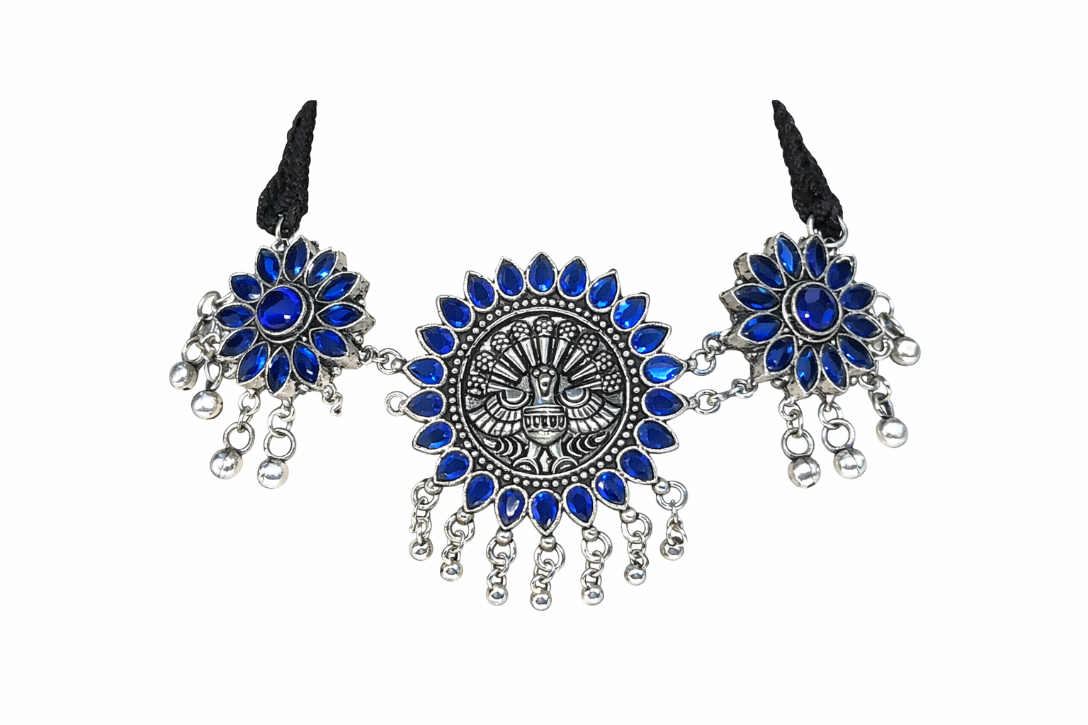 Oxidized Silver Peacock Necklace with Royal Blue Accents