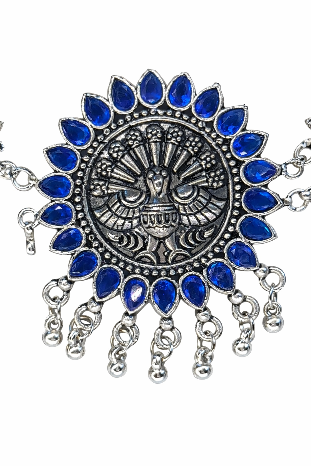 Oxidized Silver Peacock Necklace with Royal Blue Accents