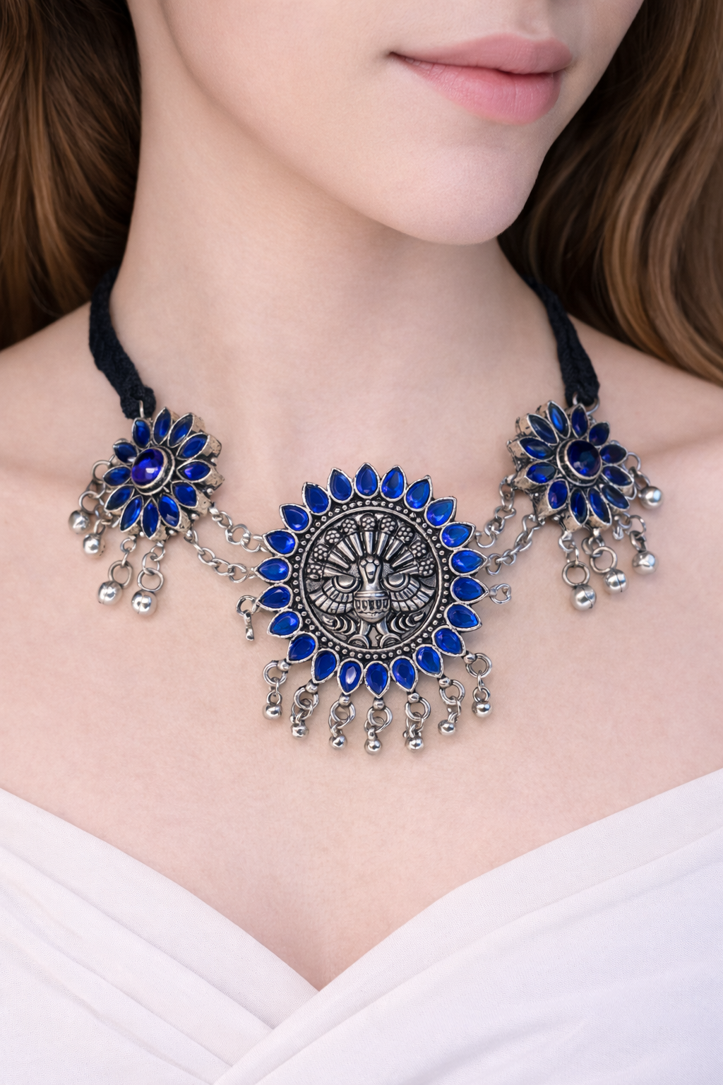 Oxidized Silver Peacock Necklace with Royal Blue Accents