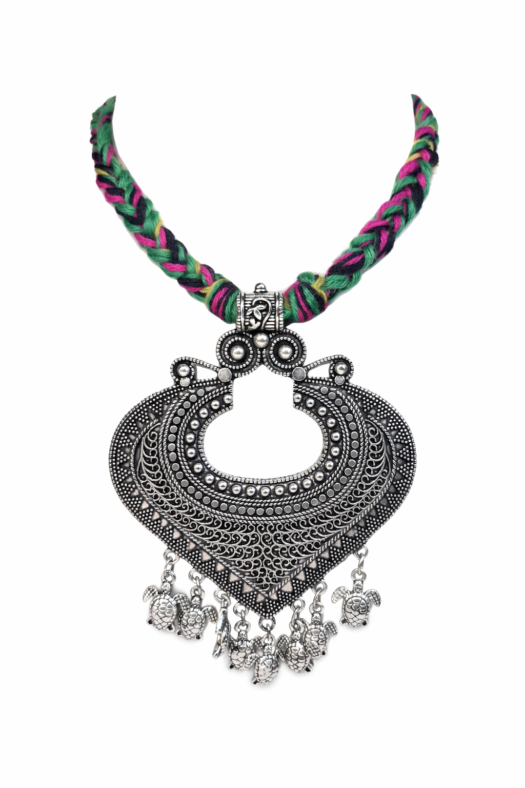 Tribal Oxidized Silver Statement Necklace with Colorful Thread Work
