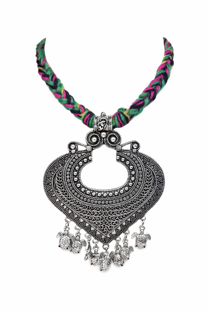 Tribal Oxidized Silver Statement Necklace with Colorful Thread Work