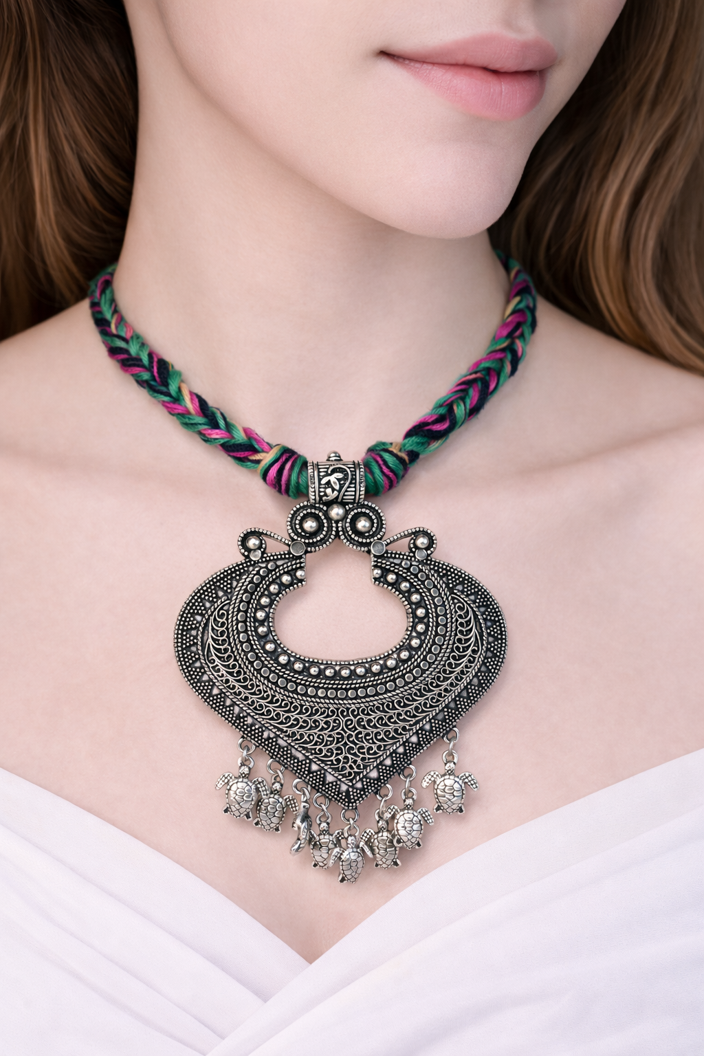 Tribal Oxidized Silver Statement Necklace with Colorful Thread Work