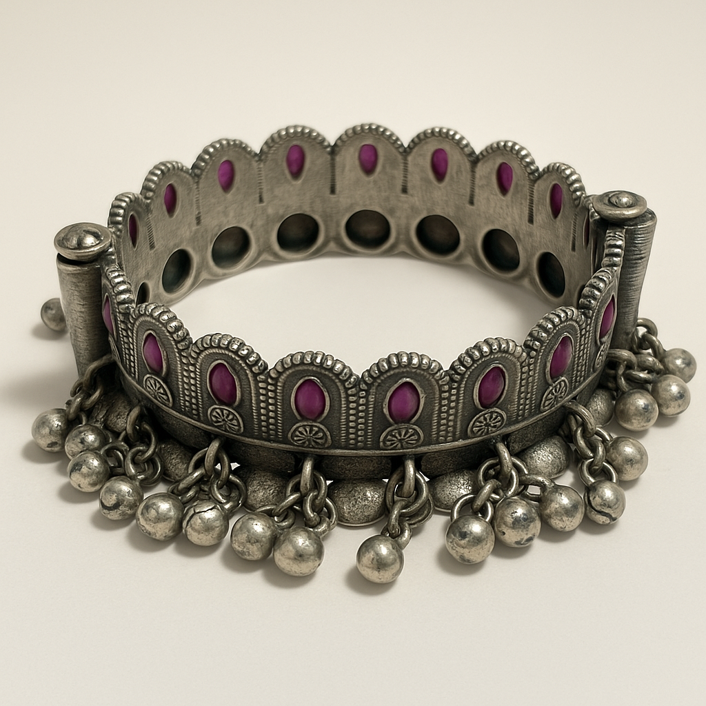 Heritage Silver Ghungroo Bangle with Ruby Accents