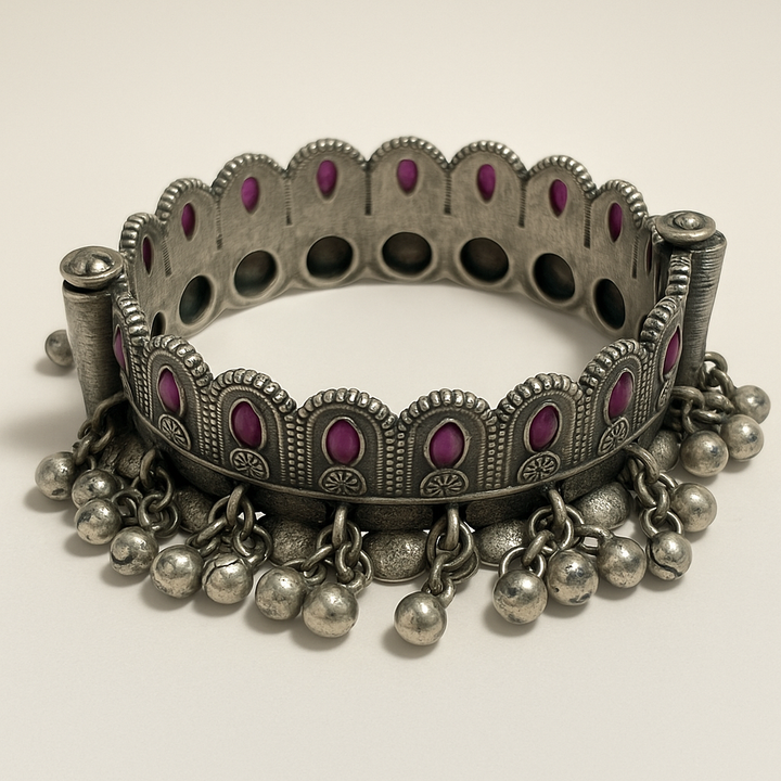 Heritage Silver Ghungroo Bangle with Ruby Accents
