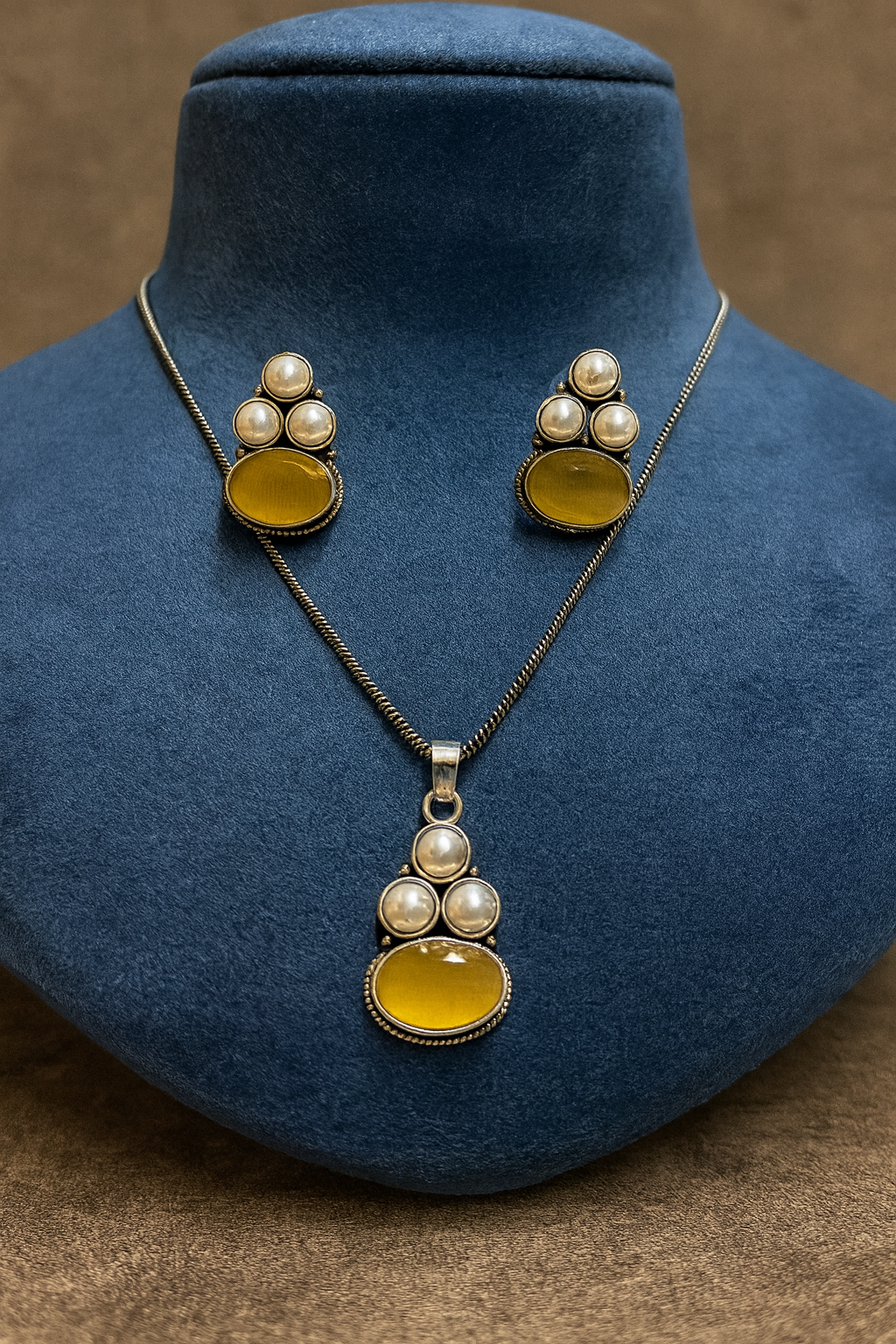 Aqua Stone Silver Pendant &amp; Earrings Set with Pearl Drops