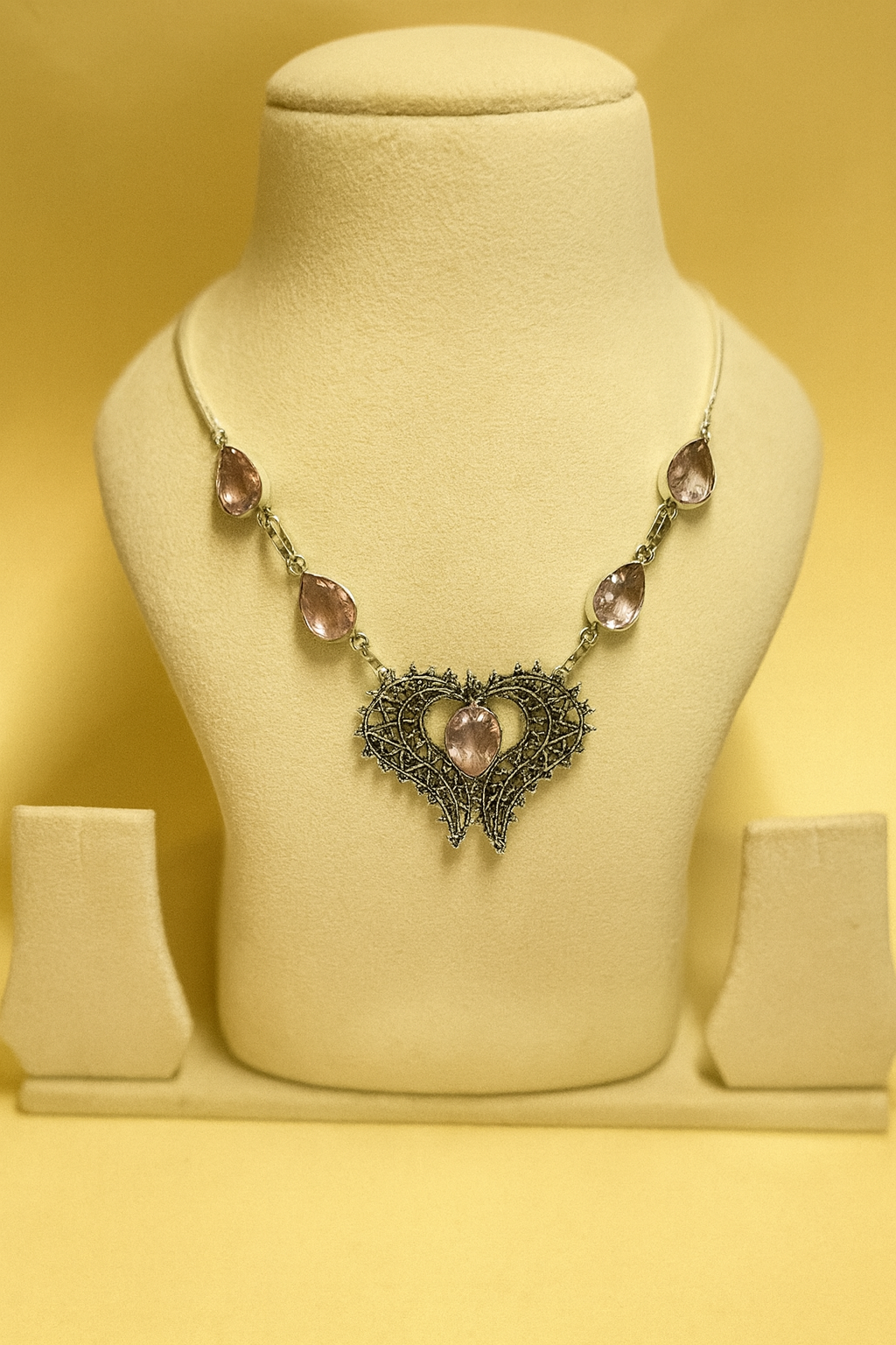 Pink Stone Heart Motif Silver Necklace